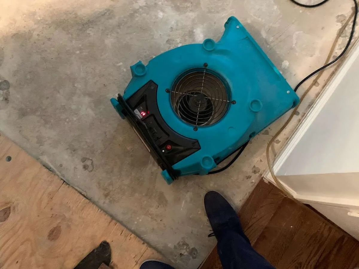 Air mover drying subfloor during Leak Detection & Repair in Silver Lake